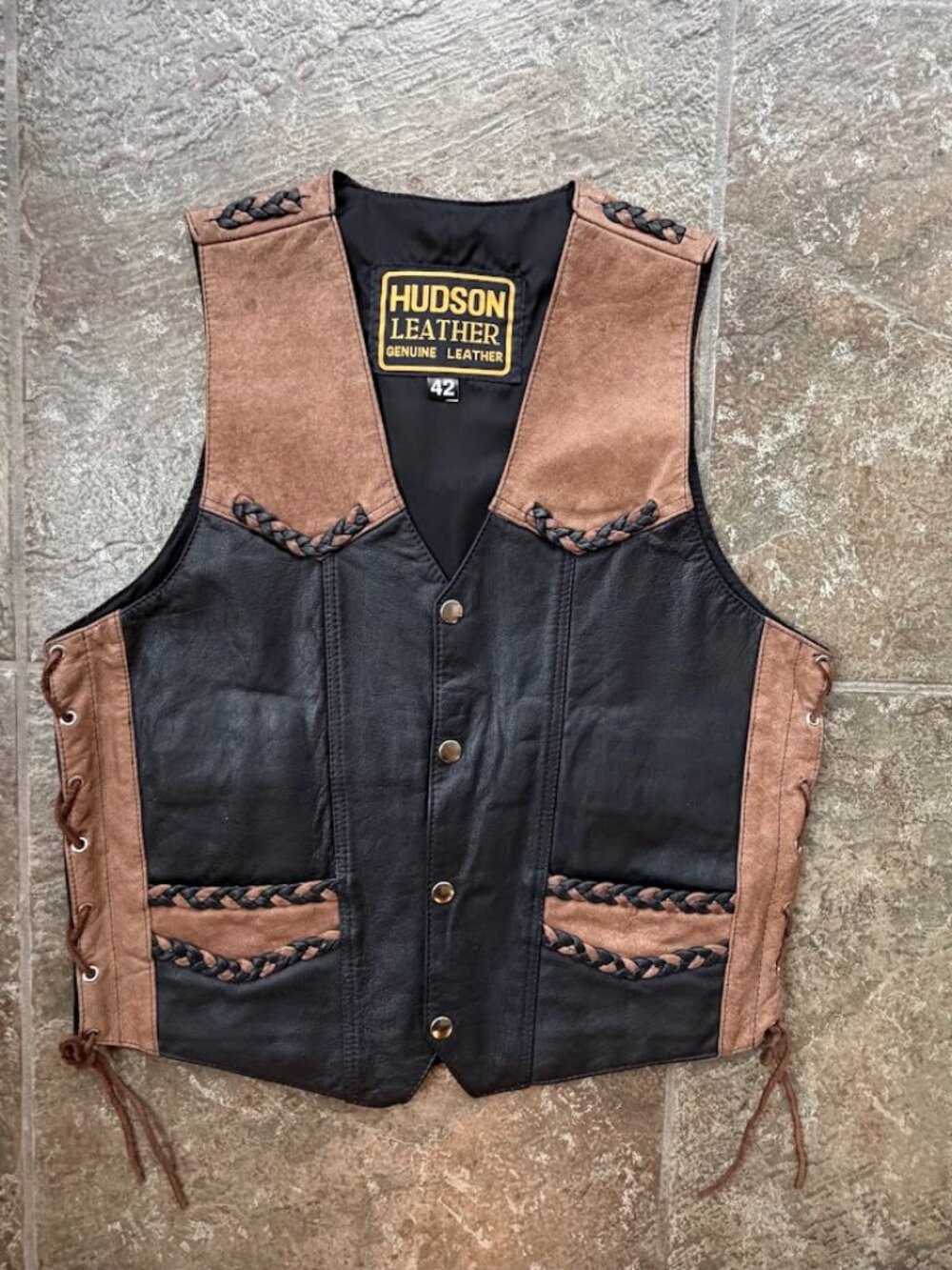 Vintage Hudson Leather Two-Tone Biker Vest Braided Lace Up Western Boho Moto 42